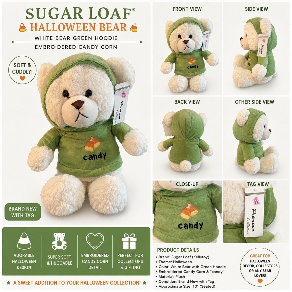 Sugar Loaf Premium Collection White Teddy Bear Green Candy Corn Hoodie Plush